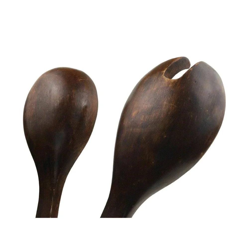 Hand Carved Wood Salad Serving Spoon Fork Set 13